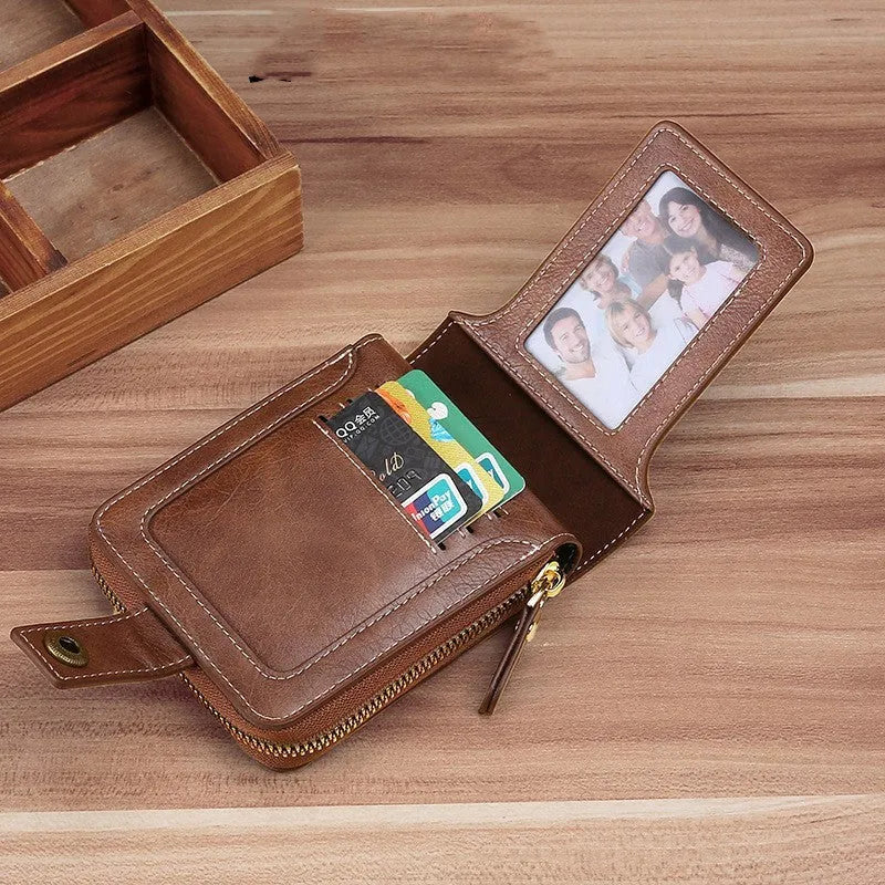 Men's short style bifold PU leather wallet in light brown, black, and dark brown colour options.