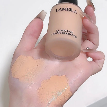 Moisturising concealer foundation bottle showing liquid texture with four shade options for skin tone correction