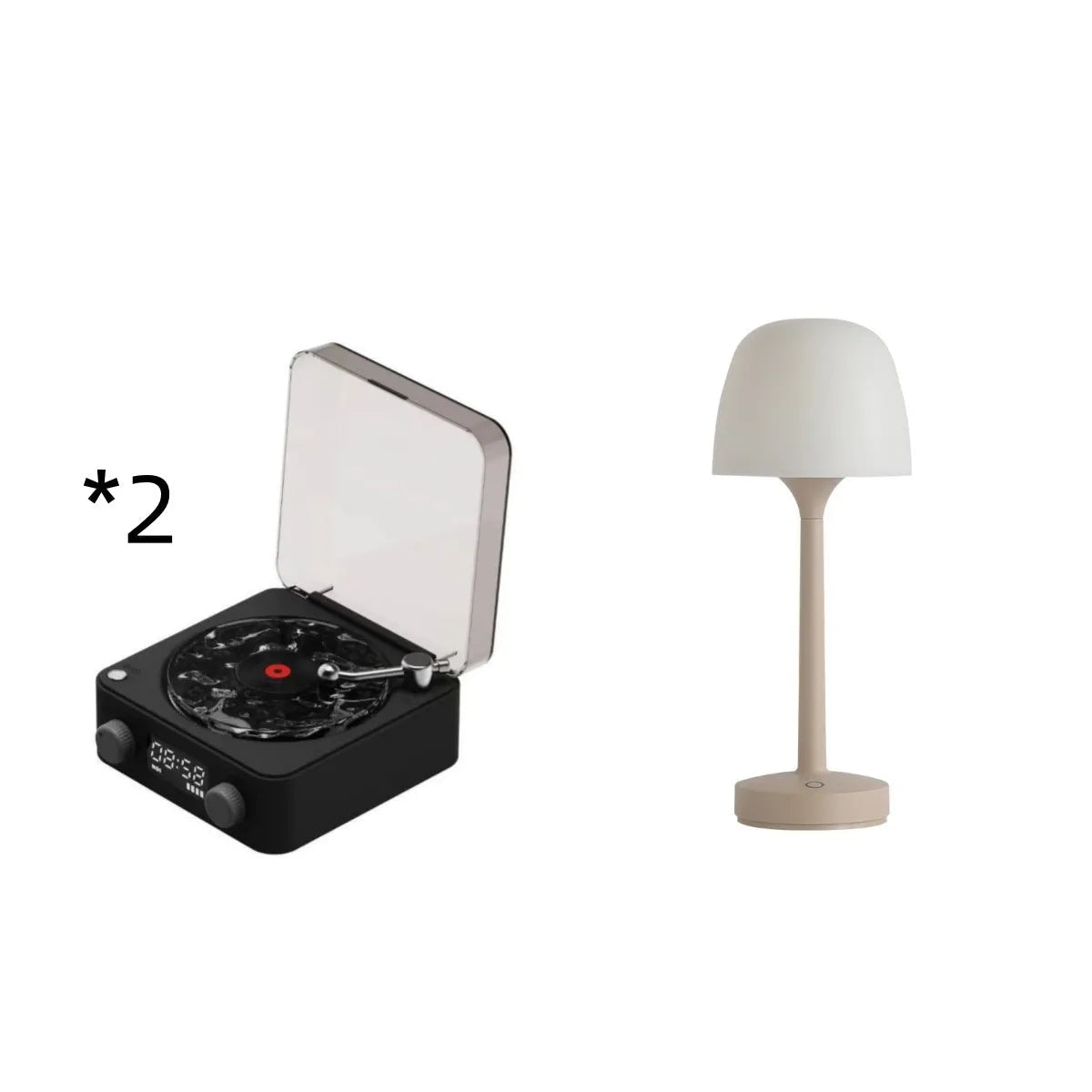 Retro-style turntable Bluetooth speaker with glowing RGB light projection on a wooden surface.