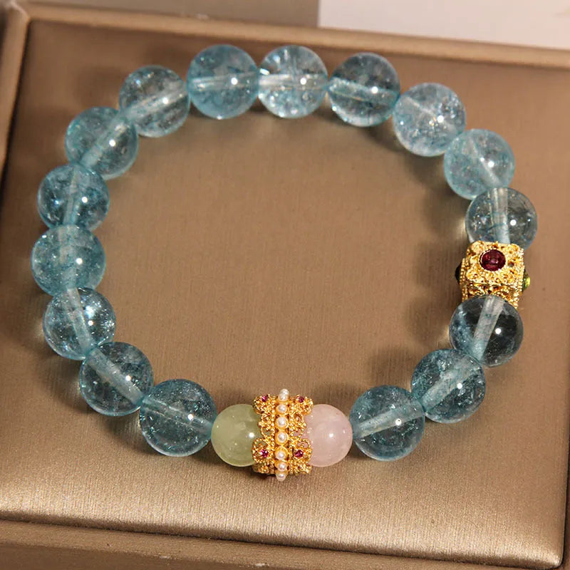 Blue and colourful cube sugar crystal bracelet with flexible ring in a Chinese style for women.