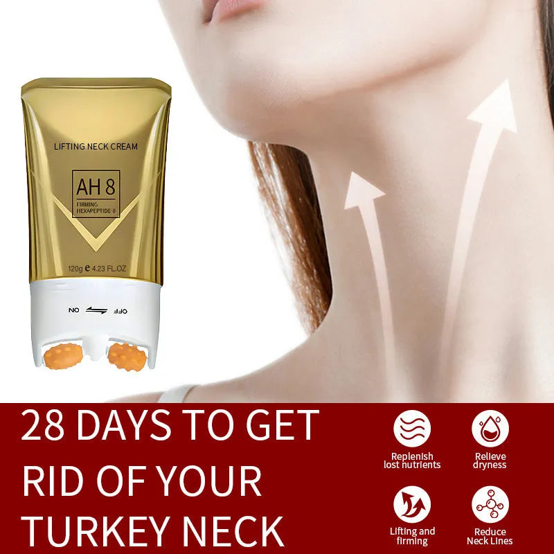 120g jar of neck firming cream with built-in massage roller applicator