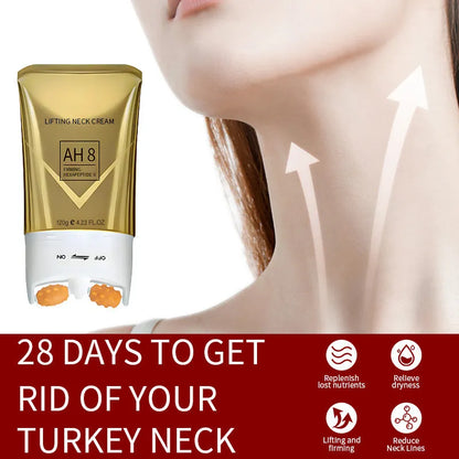120g jar of neck firming cream with built-in massage roller applicator