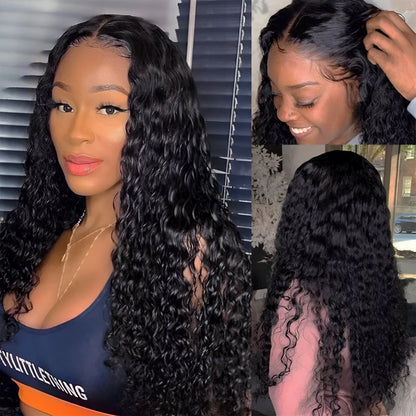 Curly human hair lace front wig on a stand, showing natural texture and length.