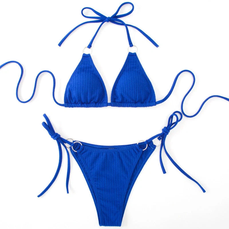 Women's bandage style bikini set with side tie thong in various colours