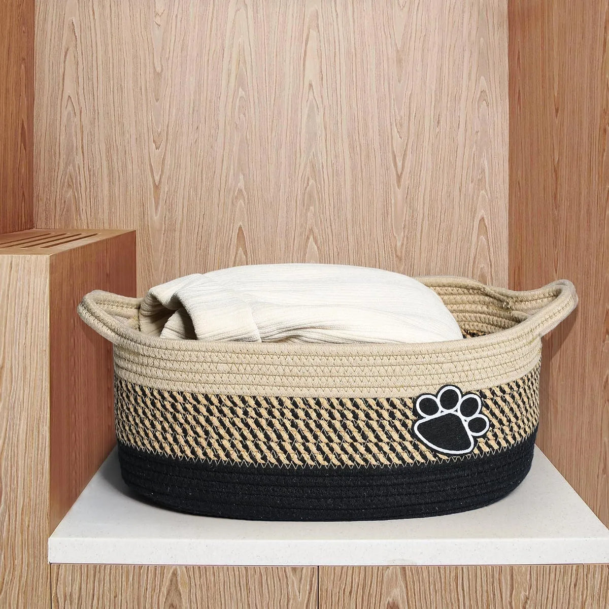 Handmade light beige cotton rope storage basket with handle, dimensions 34cm by 26cm by 15cm