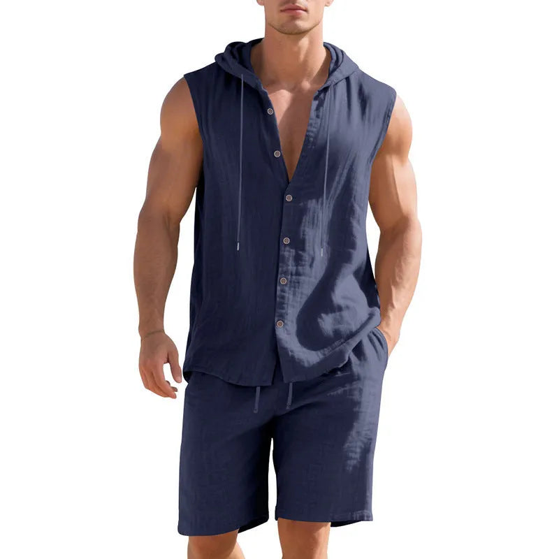Men's linen sleeveless shirt and shorts suit in multiple colour options