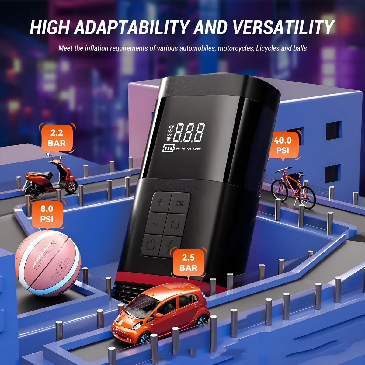 Black wireless portable 100W car jump starter power bank with jumper pins and charging cables on a table.