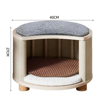 Solid wood cat nest with reversible summer mat and plush cushion, available in grey, white, plaid, and warm orange