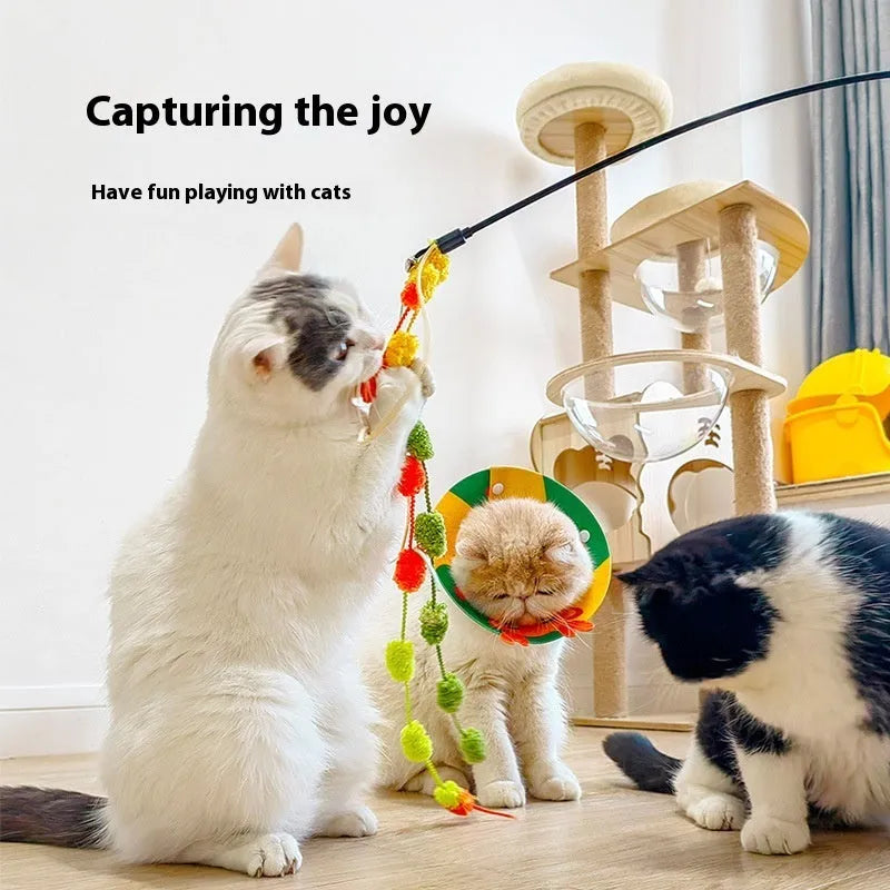 Rainbow cotton candy cat teaser wand toy with 95cm aluminium alloy rod and lengthening bar tassel bell, bite-resistant plush construction available in blue pink, orange green, and light pink yellow colour combinations
