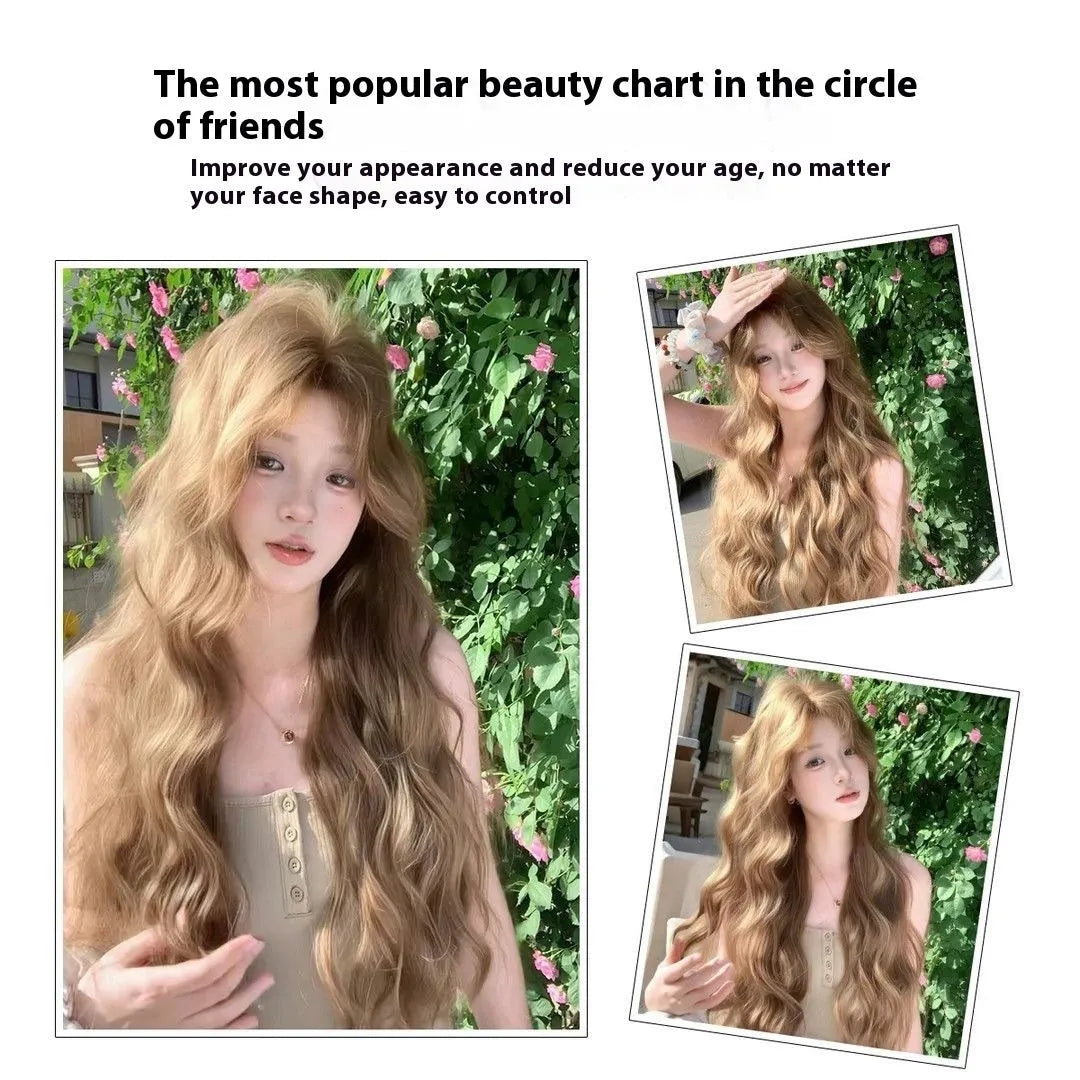 Brown linen medium length curly synthetic wig on display