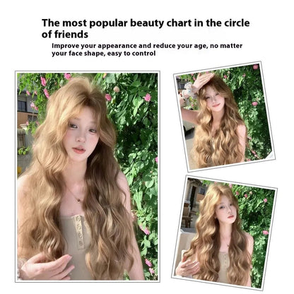 Brown linen medium length curly synthetic wig on display