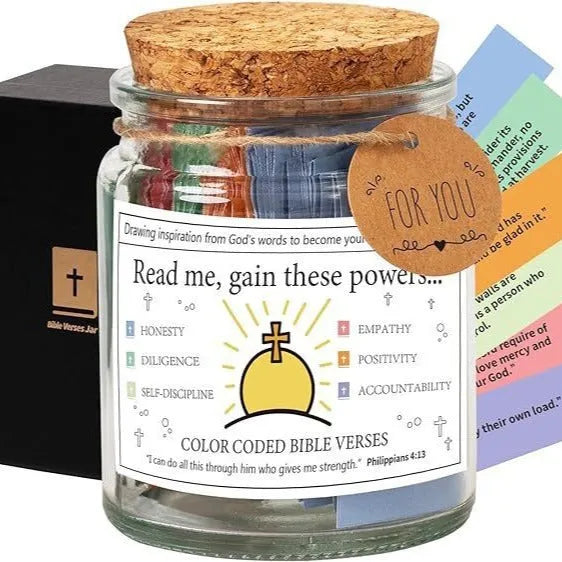 Glass Bible verses jar with cartoon design containing 90 rolled scripture papers in multiple colour options