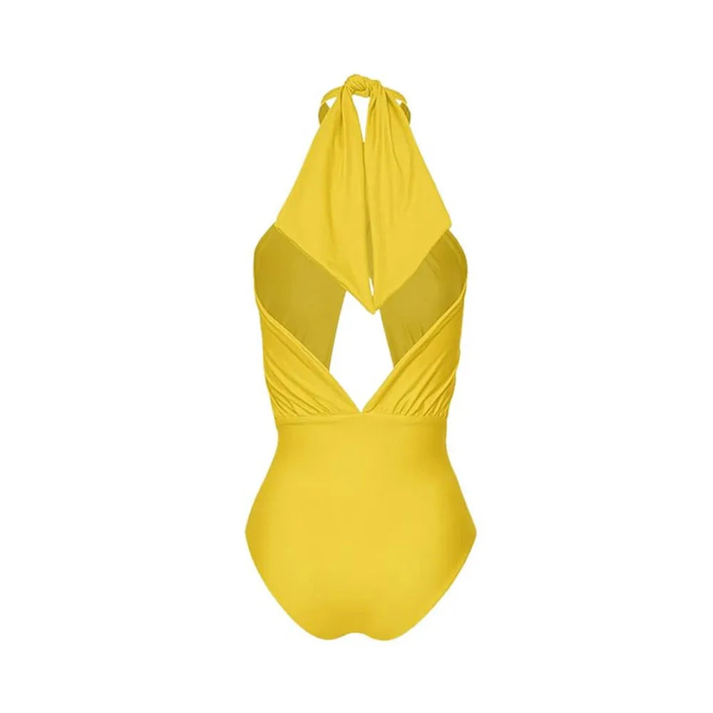 Women's halter neck one-piece swimsuit with detachable skirt in solid colour