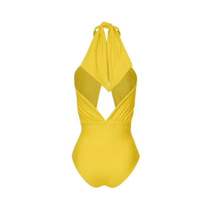 Women's halter neck one-piece swimsuit with detachable skirt in solid colour