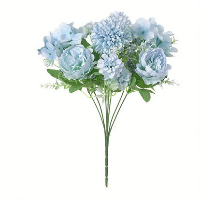Combination artificial hydrangea flower arrangement in silk and plastic, shown in one of five available colours.
