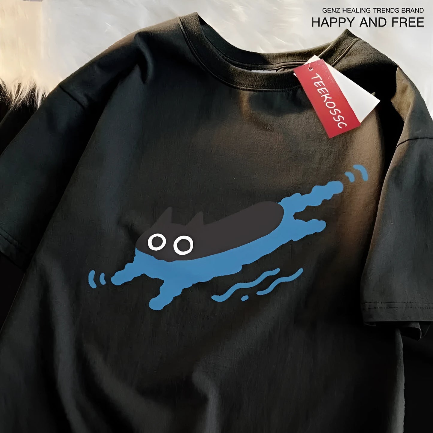 Plus size black cat print cotton t-shirt for diving swimming leisure in multiple colours