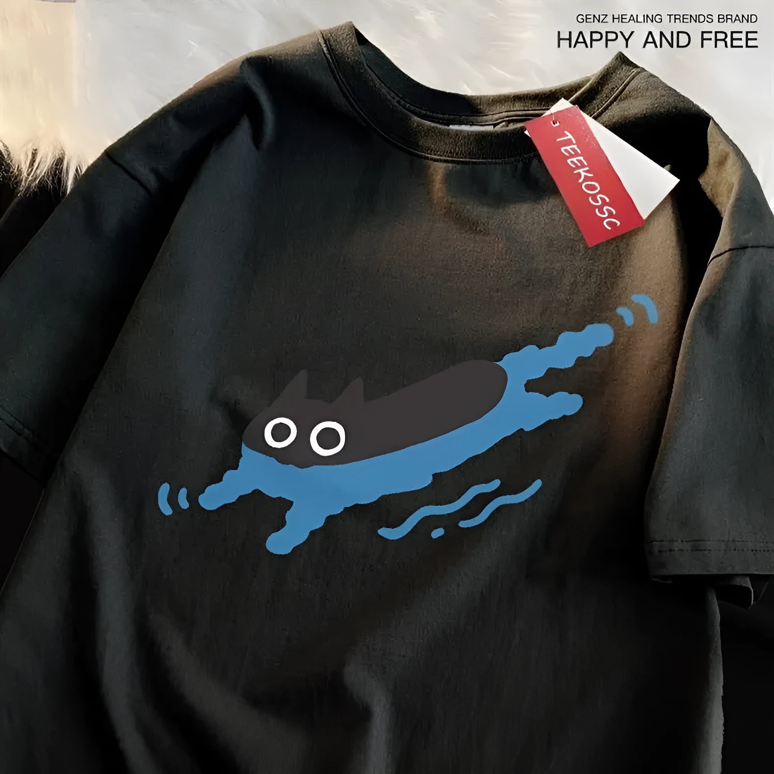 Plus size black cat print cotton t-shirt for diving swimming leisure in multiple colours