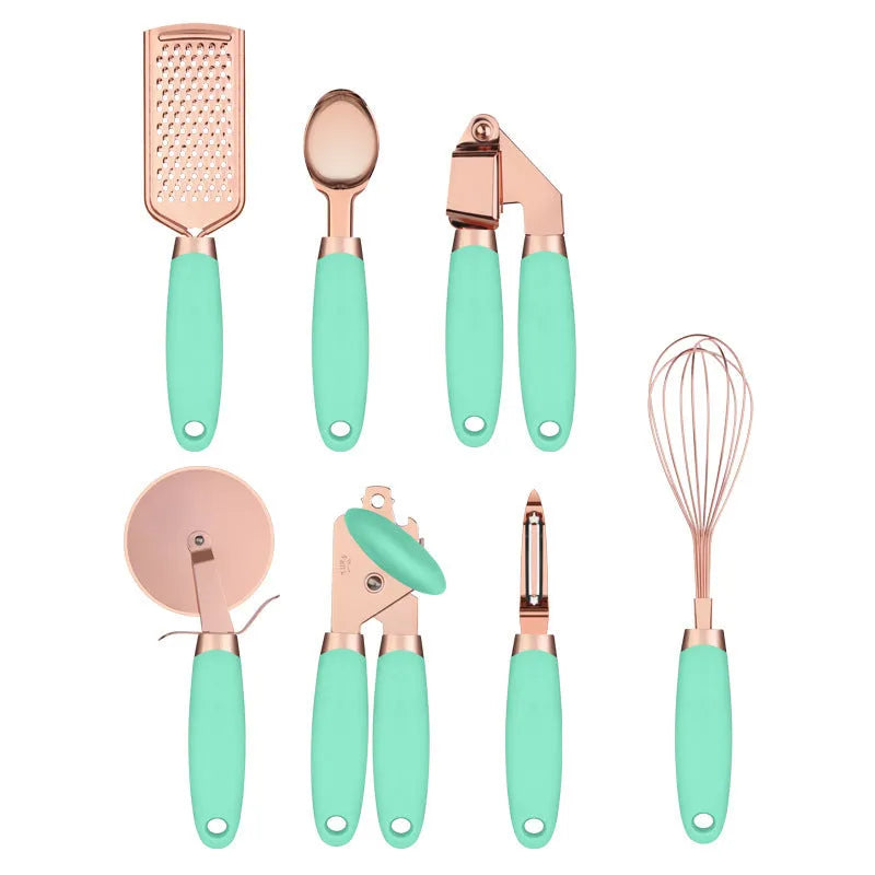 7-piece stainless steel kitchen tool set with copper finish on a countertop storage rack.