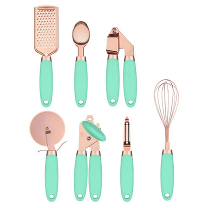 7-piece stainless steel kitchen tool set with copper finish on a countertop storage rack.