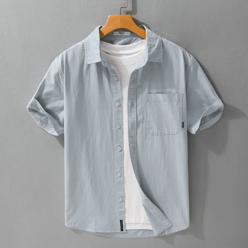 Men's casual short sleeve shirt in pure cotton with loose fit, shown in multiple colour options