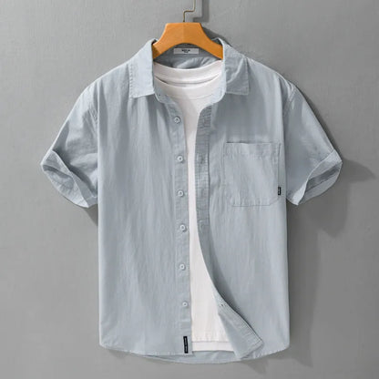 Men's casual short sleeve shirt in pure cotton with loose fit, shown in multiple colour options