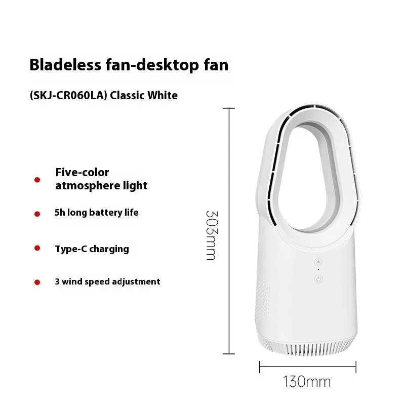 White bladeless tower floor fan with remote control and touch buttons on a desk.