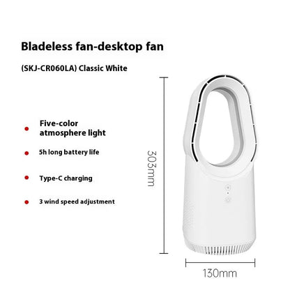White bladeless tower floor fan with remote control and touch buttons on a desk.