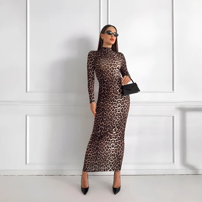 Leopard print dress with stand collar, long sleeves, and hip-hugging silhouette