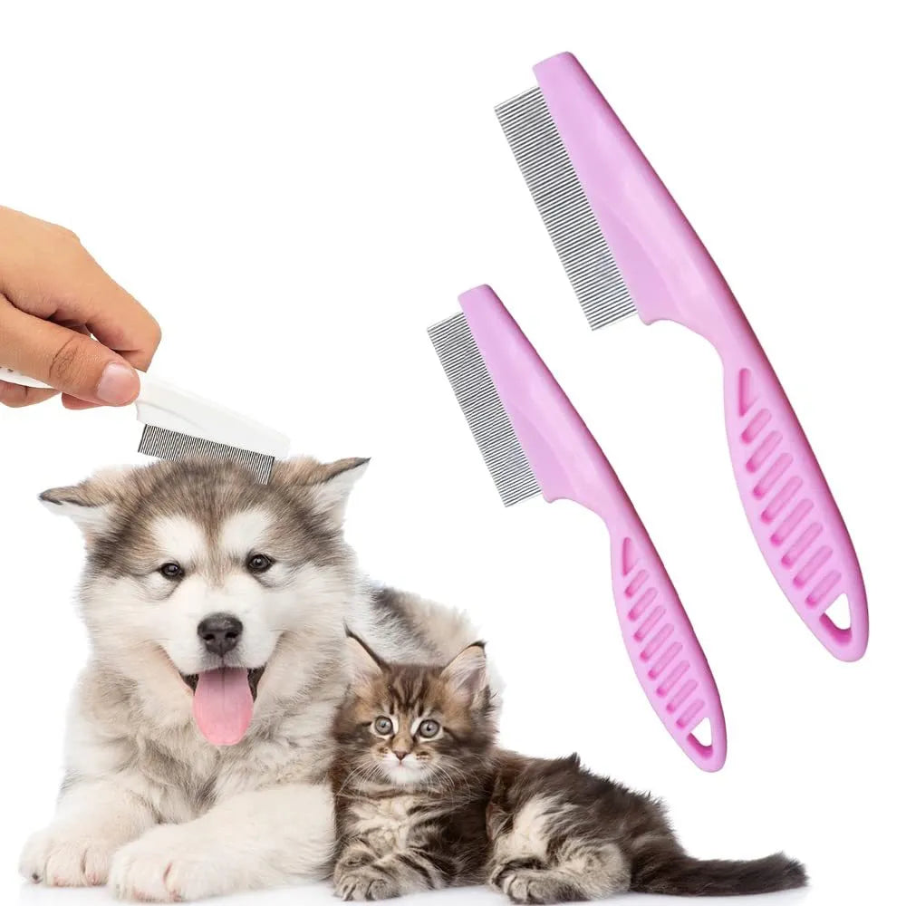 Multifunctional pet comb with fine-tooth stainless steel head, non-slip handle, washable body, in Blue, Rose Red, or White.