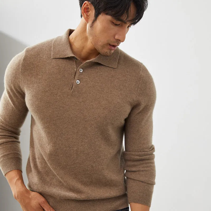 Men's cashmere pullover sweater with polo collar in loose fit on a hanger