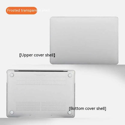 MacBook protective case in crystal transparent and frosted black finishes on a laptop.