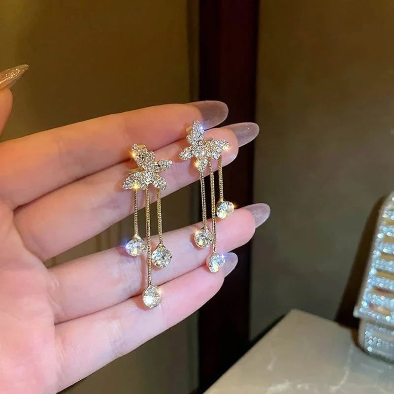 Butterfly Rhinestone Drop Dangle Earrings with Pearl Tassel Chain - Elegant Party Jewellery