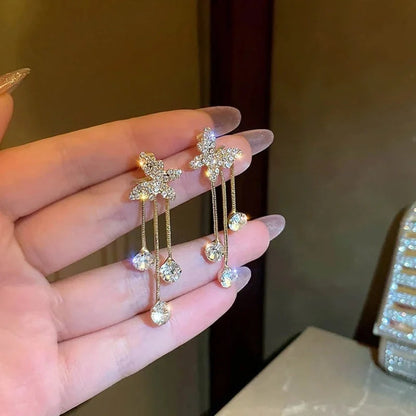 Butterfly Rhinestone Drop Dangle Earrings with Pearl Tassel Chain - Elegant Party Jewellery