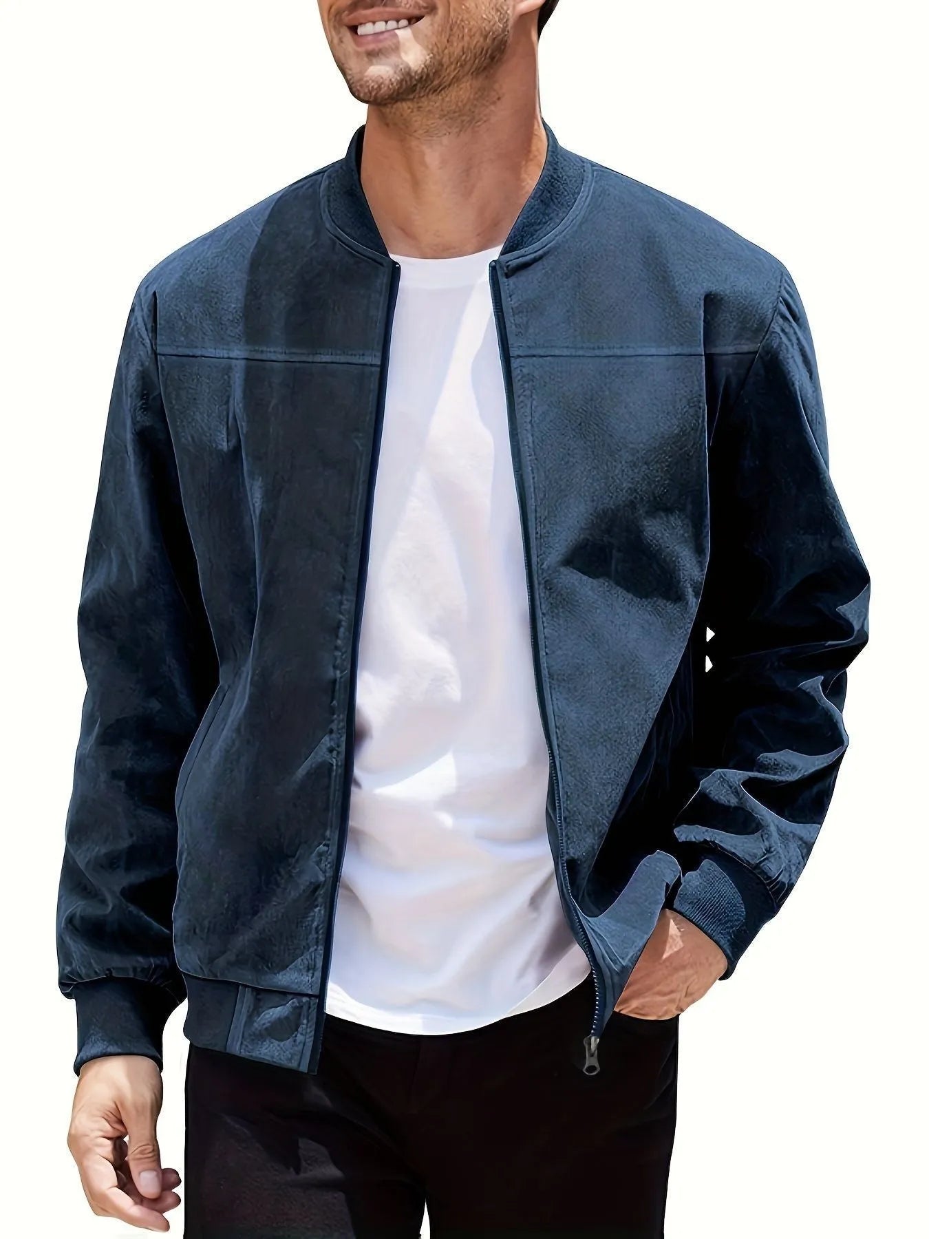 Men's plus size suede jacket in army green with regular fit and cotton lining, sizes S to XXXL.
