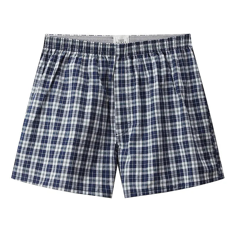 Men's loose boxer shorts in blue cotton, mid waist, plus size S-XL