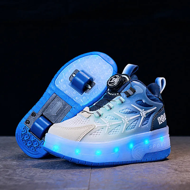 Blue children's flash knob roller skating shoes with striped pattern and rotating adjustment knob.