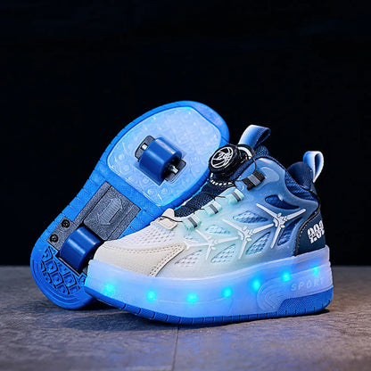 Blue children's flash knob roller skating shoes with striped pattern and rotating adjustment knob.