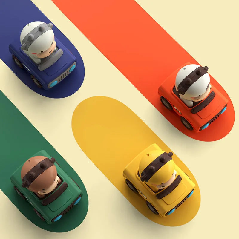 Plastic pressing animal car toy in yellow deer, orange calf, blue lamb, and green calf colours