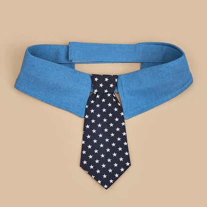 Adjustable denim pet collar with star pattern showing bow and tie styles for formal pet events