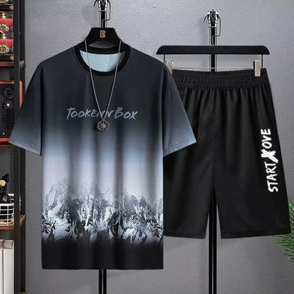 Men's lightweight polyester shorts suit set with short sleeve top and matching shorts for summer
