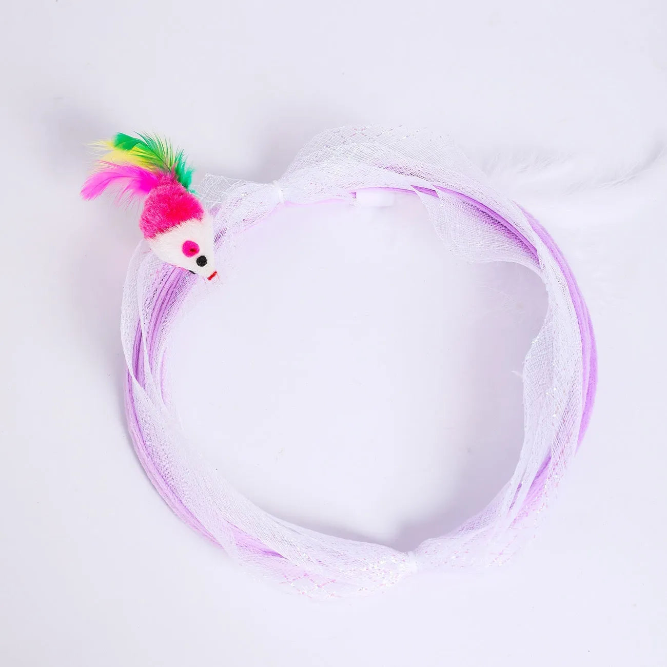 S-type cat tunnel toy with steel frame and elastic net construction, feather teaser attachment included