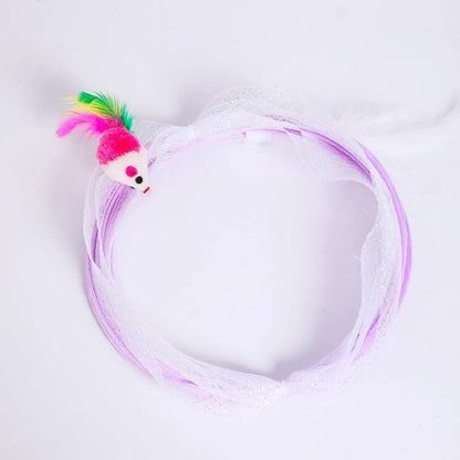 S-type cat tunnel toy with steel frame and elastic net construction, feather teaser attachment included