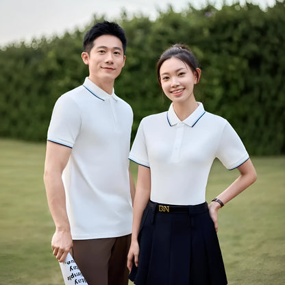 Men's pure cotton short sleeve polo shirt with lapels in a range of colours on a hanger.