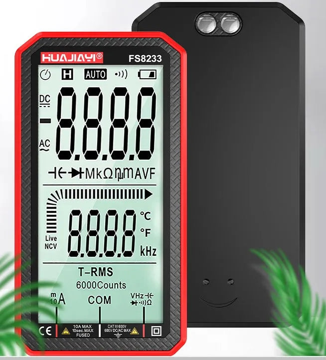 Large screen digital multimeter with automatic ranging in black colour, handheld design for electrical testing