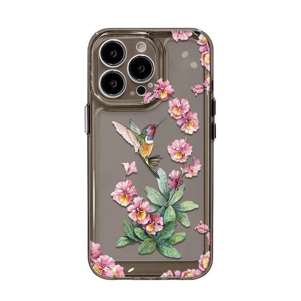 Flower Magpie fine hole all-inclusive TPU iPhone case in transparent or transparent black, shockproof and anti-fingerprint
