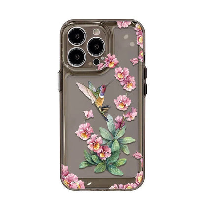 Flower Magpie fine hole all-inclusive TPU iPhone case in transparent or transparent black, shockproof and anti-fingerprint