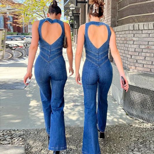 A stylish denim jumpsuit with a unique heart-shaped backless design, perfect for summer fashion in the UK.