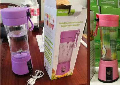 Portable USB blender with six blades in pink colour option showing cup and charging cable