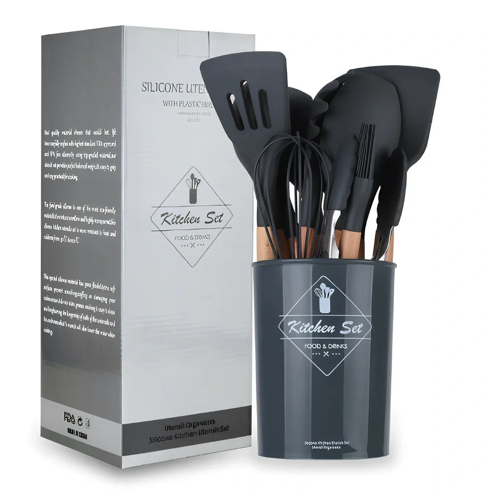 Dark grey silicone cooking utensils with wooden handles including spatula, spoon, whisk, and tongs