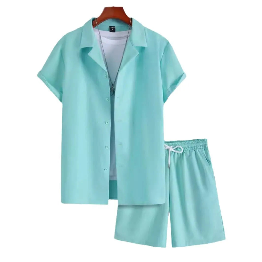 Men's short sleeve Cuban collar sport suit set with matching polyester shorts in multiple colour options